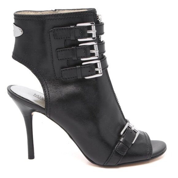 Michael Kors Leather Peep Toe Booties Ankle Shooties Boots Buckles Zippers Black - Picture 2 of 12